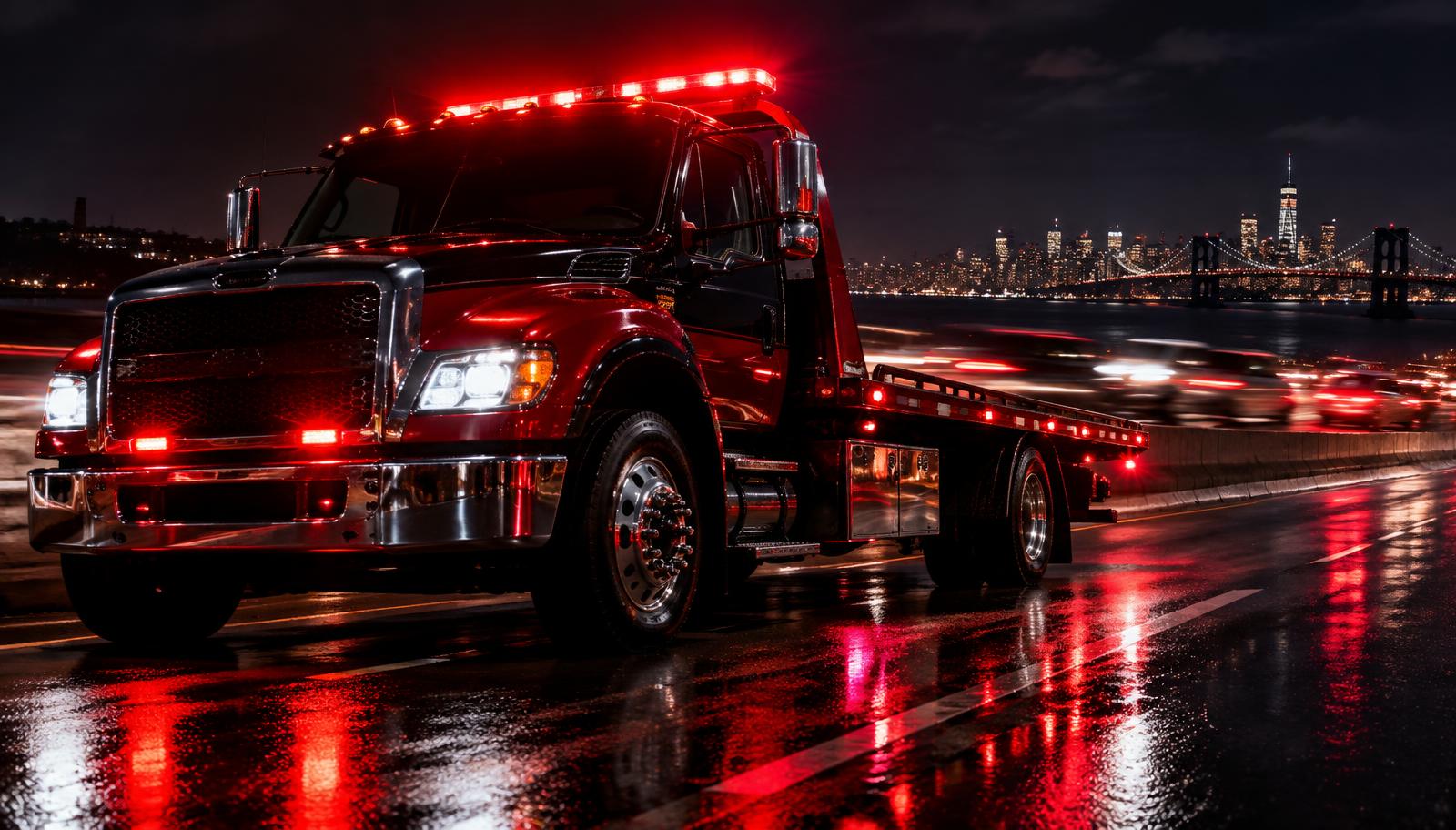 Flatbed tow truck with red emergency lights on a wet highway at night