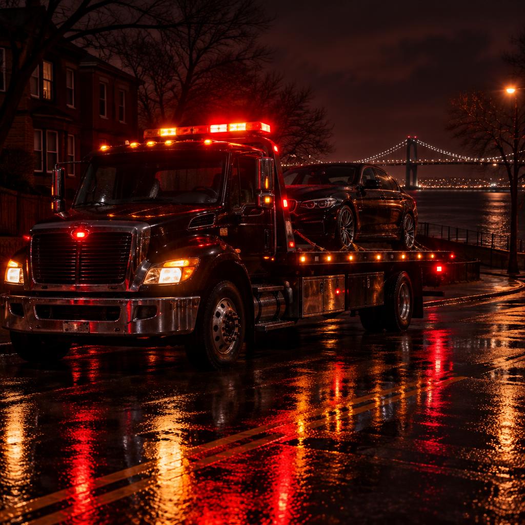 Flatbed tow truck from Towing Services SI carrying a car at night with red emergency lights